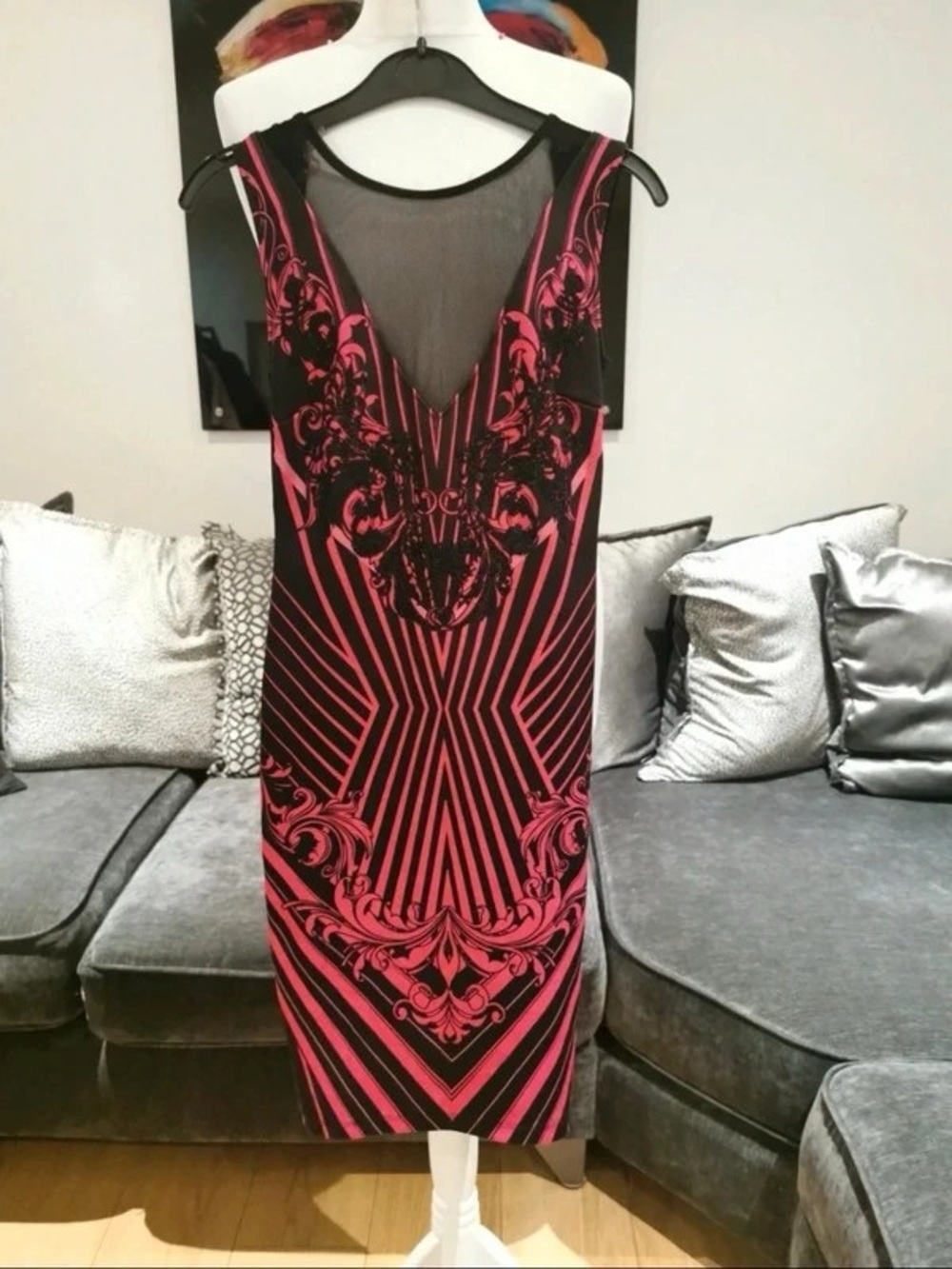 Black and Pink Sleeveless Mesh-Back Maxi Dress
